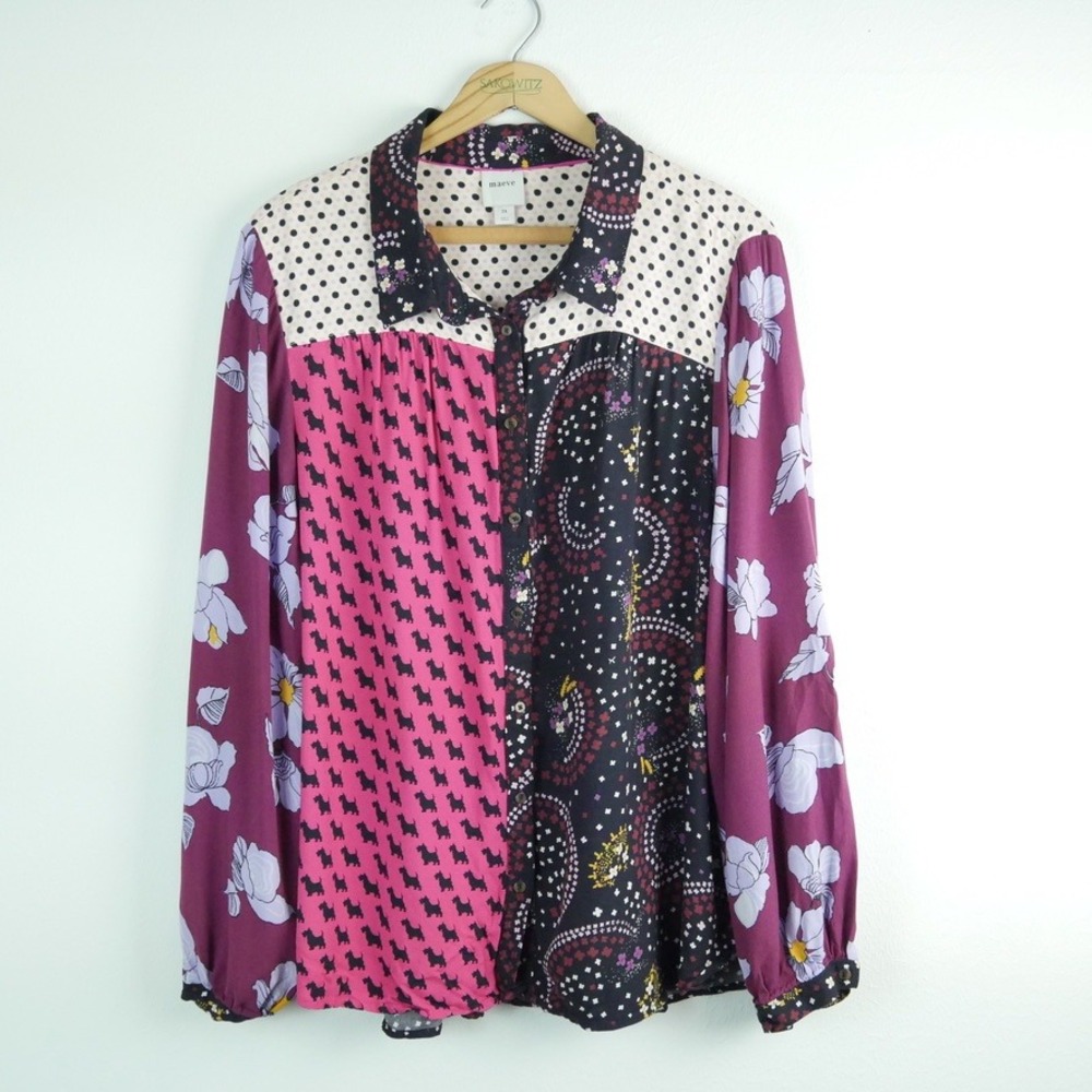 Maeve Anthropologie The Paz Mixed Print Patchwork Blouse Scottie Dog Floral 3X